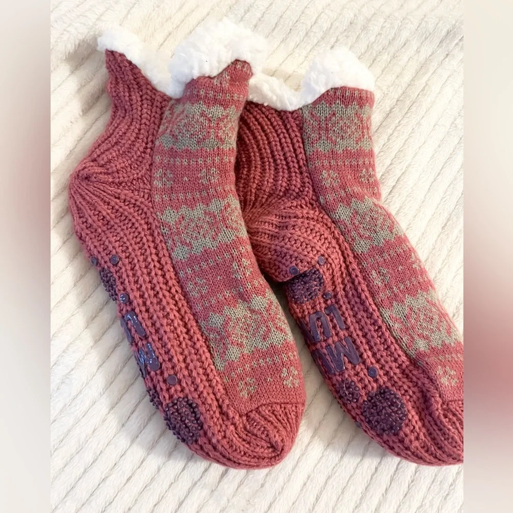 Cozy Pink and Tan Knit Socks with Floral Pattern